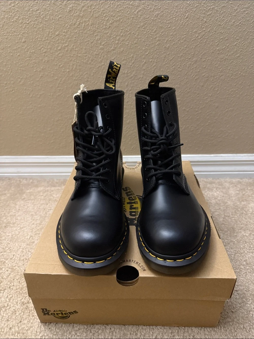 Dr. Martens Black Leather Lace-Up Boots with Yellow Stitching